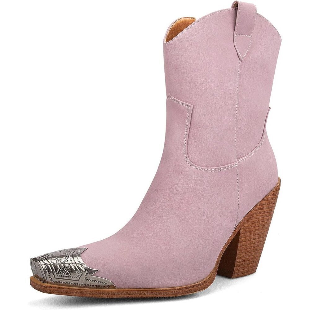 Women's Purple Engraved Steel Toe Cowgirl Boots Stacked Block Heels Short Boots
